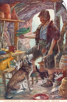 Robinson Crusoe and his pets. From Adventures of Robinson Crusoe, published 1908