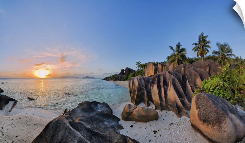 Rock Formations and Palm Trees at Sunset, Anse Source doArgent, La Digue, Seychelles