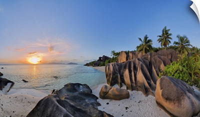 Rock Formations And Palm Trees At Sunset, Anse Source DoArgent, La Digue, Seychelles