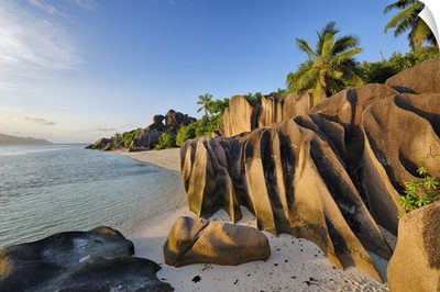 Rock Formations And Palm Trees Near Sunset, Anse Source DoArgent, La Digue, Seychelles