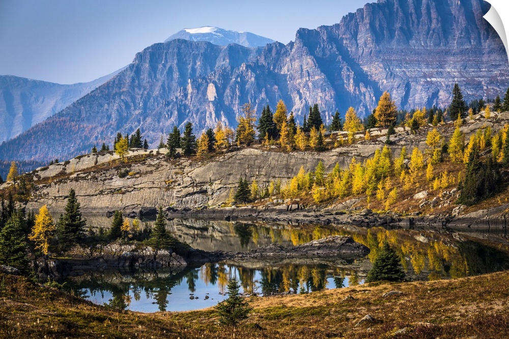 Rock Isle Lake in Autumn with Mountain Range in Background, Mount Assiniboine Provincial Park, British Columbia, Canada