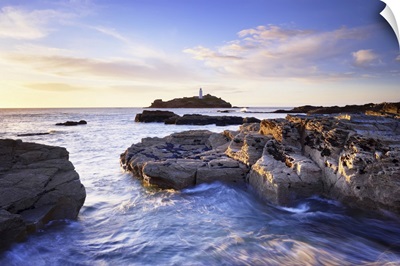 Rocky Coastline And Lighthouse, Godrevy Point, Cornwall, England