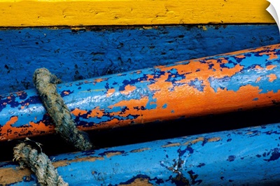 Rustic Boat Parts, Detail Of Wooden Structure And Colorful Peeling Paint