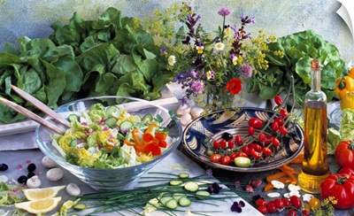 Salad still-life with vegetables and ingredients