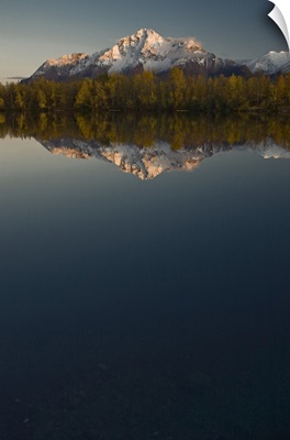 Scenic View Of Pioneer Peak Reflecting In Echo Lake At Sunset, Southcentral, Alaska