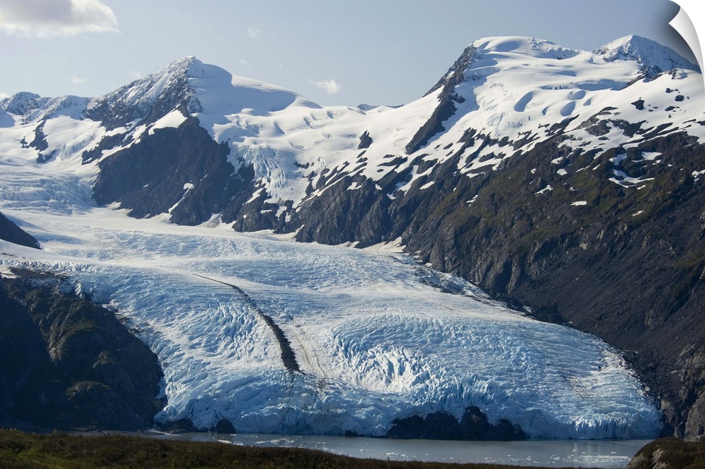 Scenic view of Portage Glacier and Portage Lake as seen from Portage Pass in Southcentral Alaska during Autumn