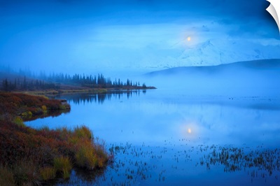 Scenic View Of The Moonset Over Denali From Wonder Lake, Denali National Park, Alaska