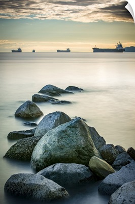 Ships Off The Coast Of Stanley Park, Vancouver, British Columbia, Canada