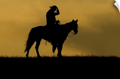 Silhouette Of A Cowboy On A Horse Against A Sky Of Golden Cloud At Sunset, Montana
