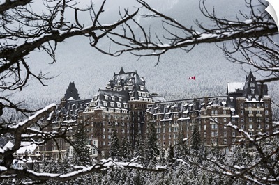 Snow Covered Banff Springs Hotel, Banff, Alberta, Canada