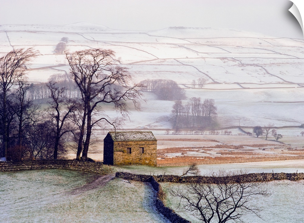 Snowy Landscape With Barn, Elevated View