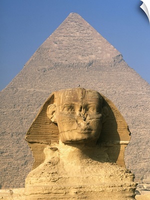 Sphinx In Front Of Great Pyramid Of Chephren; Giza, Egypt