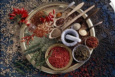 Spices, a variety of peppers and chilies