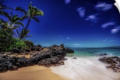 Starry Skies, Surf Rolling Into Golden Sand At Makena Cove On The Island Of Maui, Hawaii