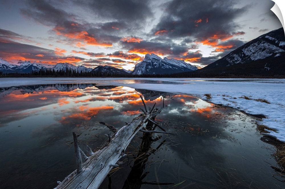 Stunning sunrise at Vermillion Lakes backed by Mt. Rundle in Banff National Park.