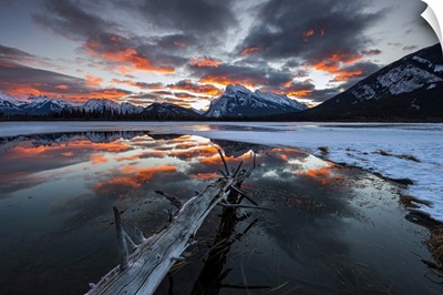 Stunning Sunrise At Vermillion Lakes Backed By Mt. Rundle In Banff National Park