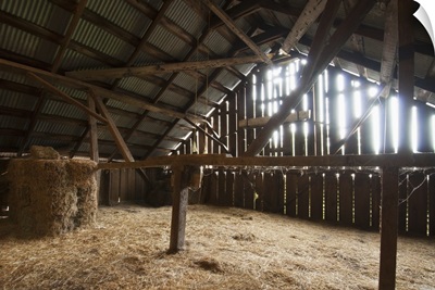 Sunlight filters through the sides of an old barn onto the stored hay