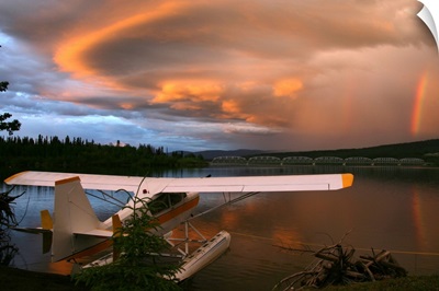 Sunlit Storm Clouds Over A Float Plane, Teslin Lake, Yukon, Canada