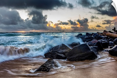 Sunrise Through The Clouds Over The Pacific Ocean, Lydgate Beach, Kapaa, Kauai, Hawaii