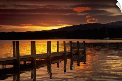 Sunset Over Dock At Lake Windermere; Ambleside, Cumbria, England