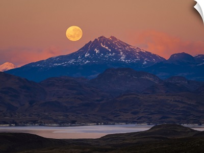 Supermoon At Sunrise In Torres Del Paine National Park, Patagonia, Chile