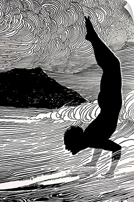 Surfer And Waikiki, Figure Of Man Doing Hand Stand On Surfboard