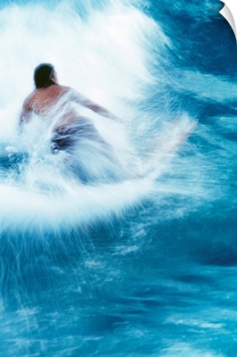 Surfer Carving On Splashing Wave, Interesting Perspective And Blur