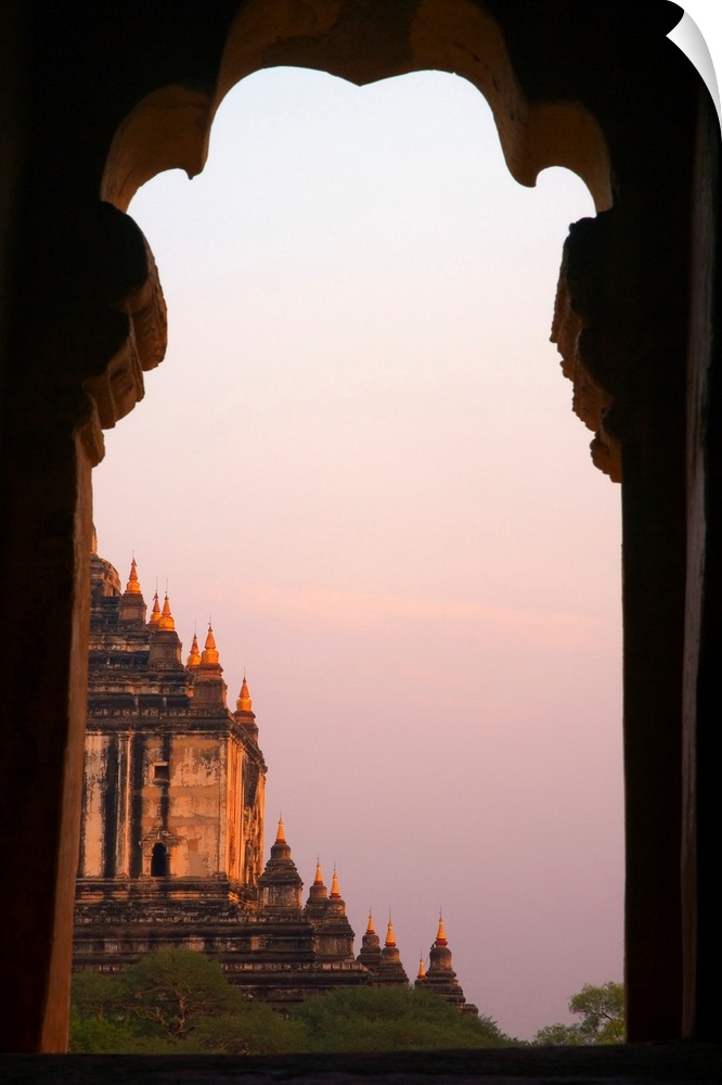 Temple At Sunset Seen From Temple Window In Myanmar, Burma