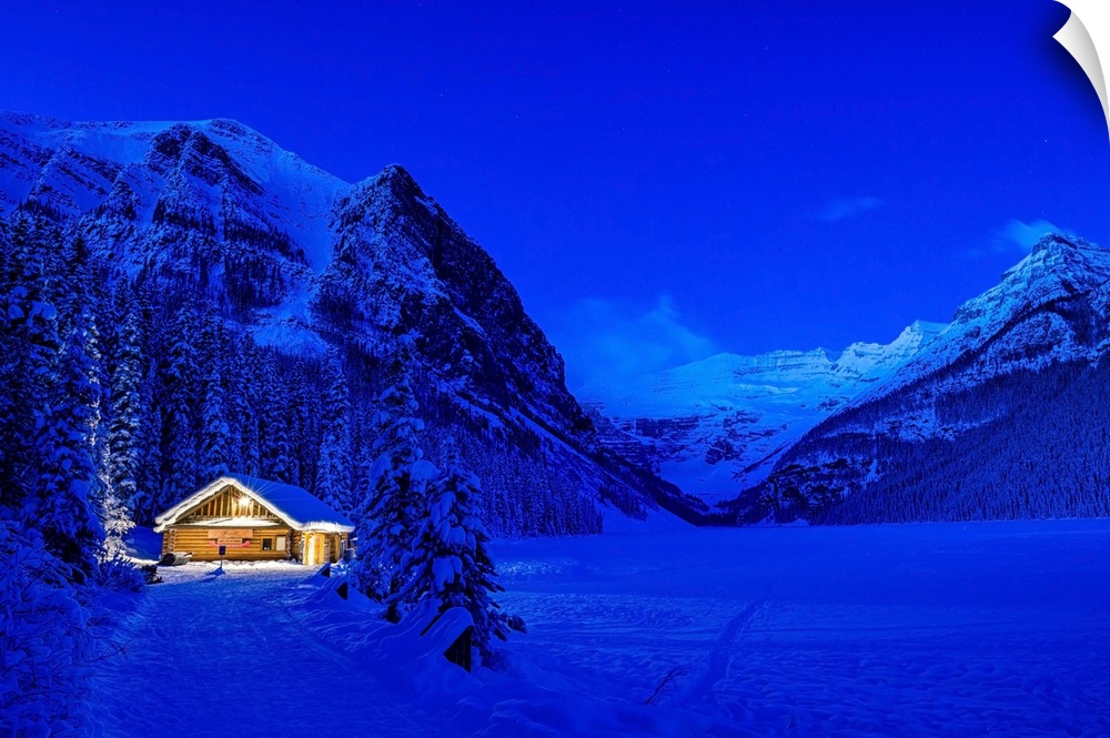 The blue hour at Lake Louise in winter in Banff National Park.