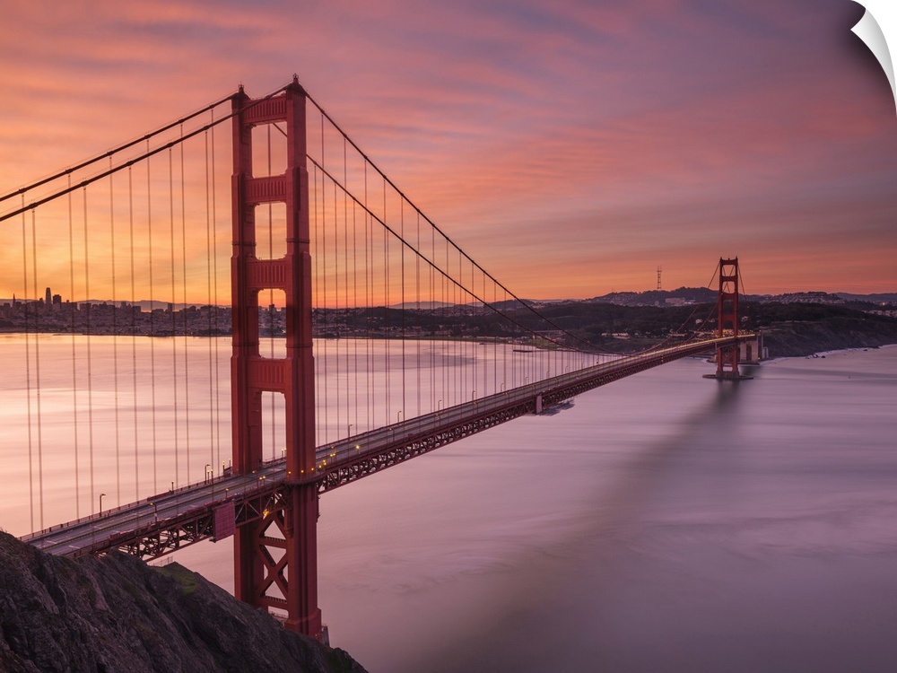 The Golden Gate Bridge in San Francisco at sunrise.