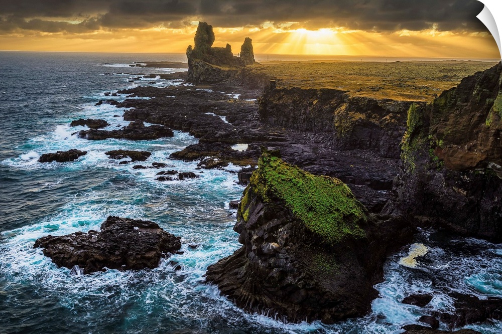 The sea stack known as Londranger rises above the landscape, Snaefellsnes Peninsula; Iceland