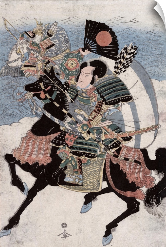 The warriors Kumagai Naozane and Tairo no Atsumori on horseback with bow [and] arrows. Print, woodcut, colour.