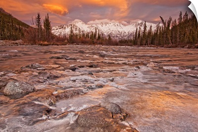 The Wheaton River In Early Winter Snow Covered Mountains, Yukon, Canada