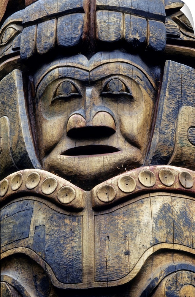 Closeup of Tlingit totem pole, Sitka national historic park, Sitka, Alaska, southeast, summer.
