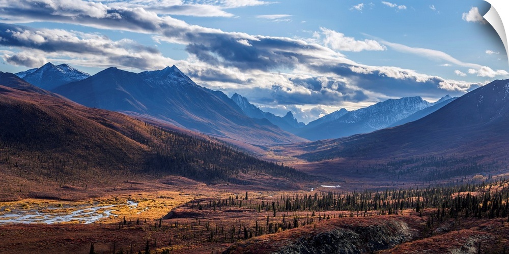 Scenic autumn view of mountains and colorful tundra in Tombstone Territorial Park, Yukon Territory, Canada.