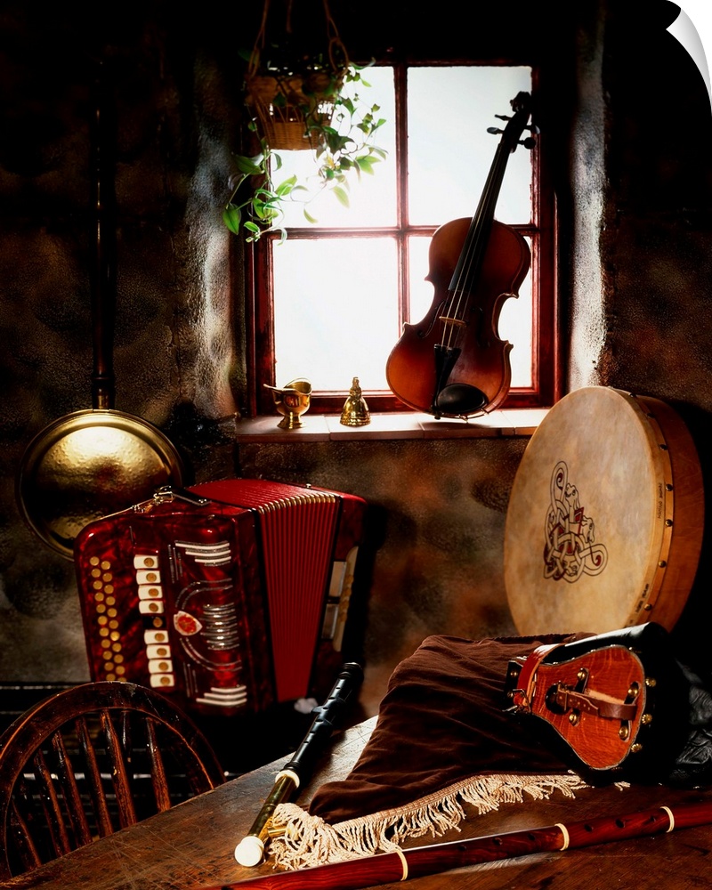 Traditional Musical Instruments In Old Cottage, Ireland