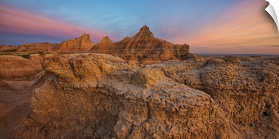 Twilight Over The Hoodoos And Rock Formations In Badlands National Park, South Dakota