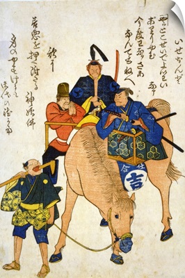 Two Japanese Men And One Foreigner Riding On A Horse While A Japanese Farmer Walks