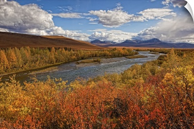 Upper Blackstone River Flowing North Along The Demspter Highway In Autumn, Yukon Canada