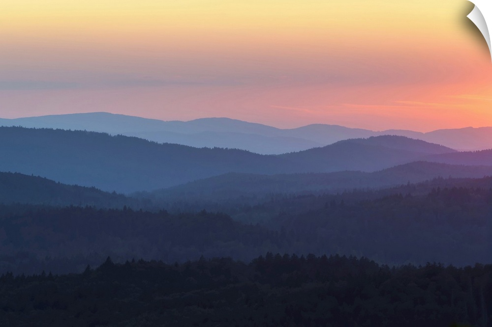 View from Lusen mountain over the Bavarian Forest at sunset at Waldhauser in the Bavarian Forest National Park, Bavaria, G...