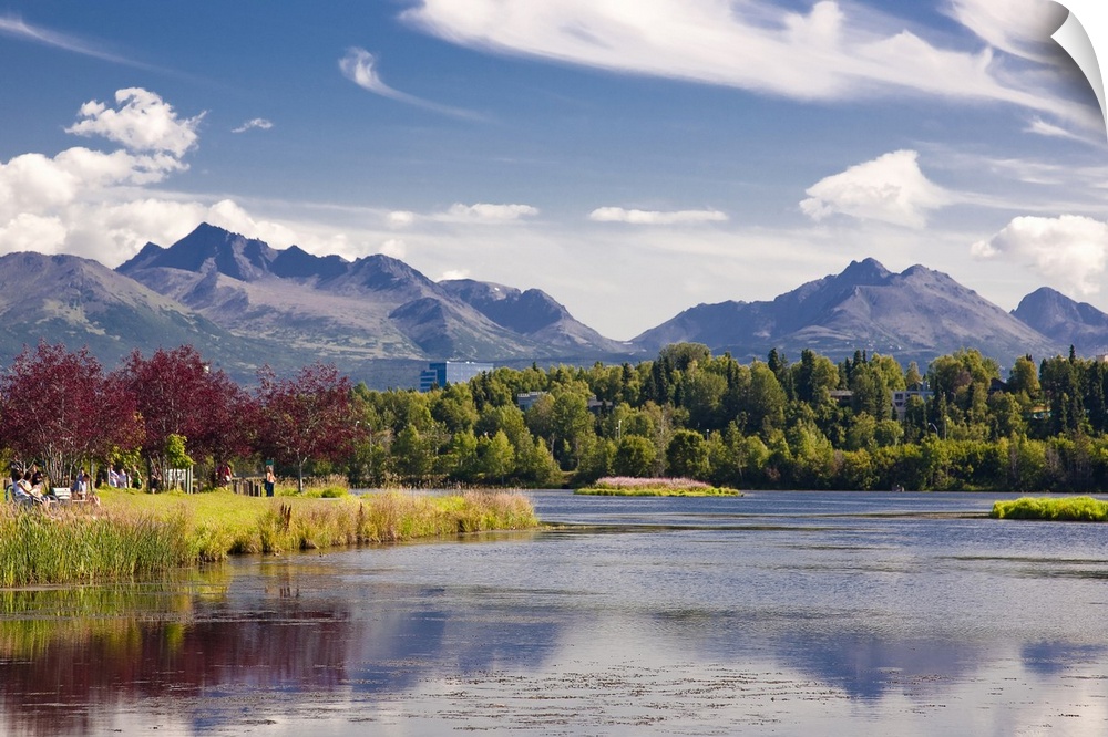 Giant, landscape photograph of the Westchester Lagoon in the summer, surrounded by trees, and the Chugach Mountains in the...