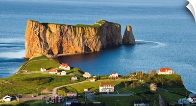Village And Perce Rock At Sunset, Perce, Gaspesie, Quebec, Canada