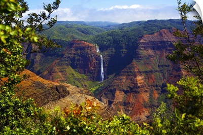 Waimea Canyon Falls and rugged cliffs and mountains; Waimea, Kauai, Hawaii