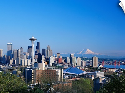 Washington, Seattle Skyline With Space Needle And Mount Hood In Background