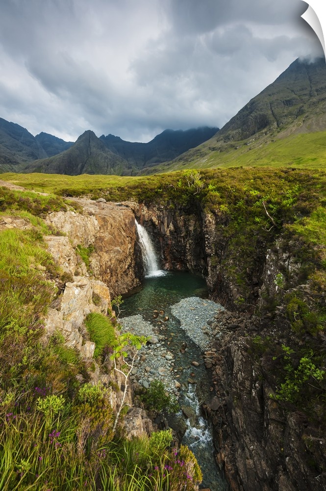 Waterfall in Coire na Creiche  near Glen Brittle with the hills of the Black Cuillin in the background; Isle of Skye, Scot...
