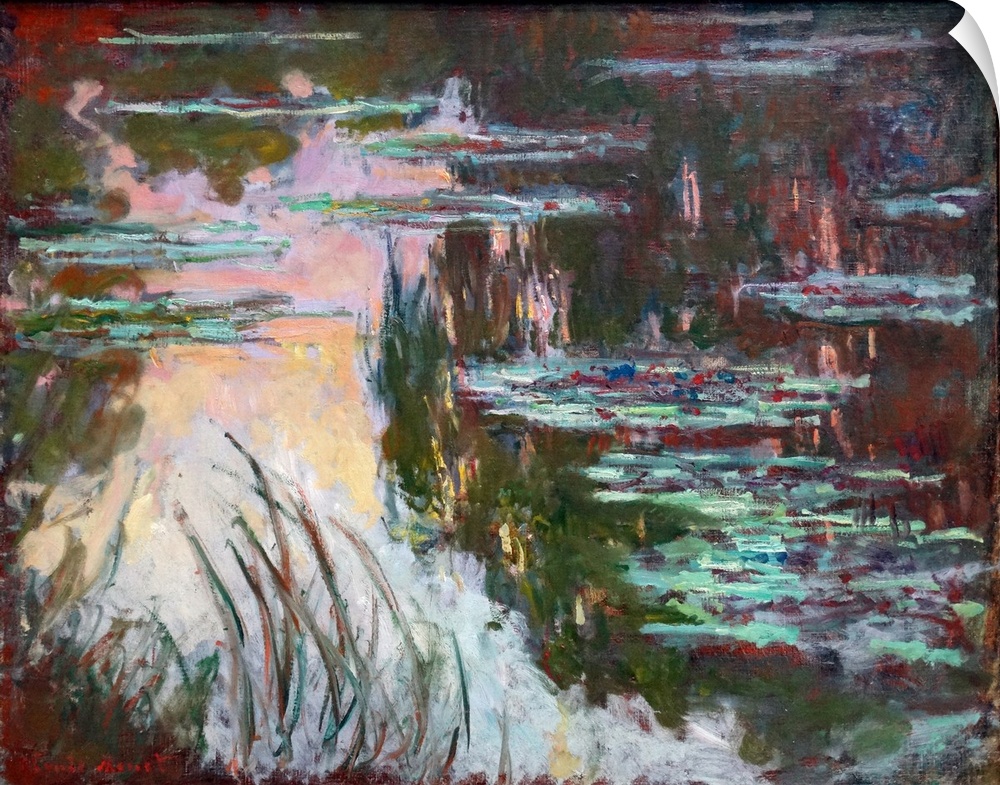 Painting titled 'WaterLilies, Setting Sun' by Claude Monet, founder of French Impressionist painting. Dated 1907.