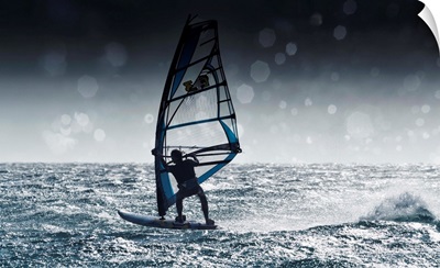 Windsurfing With Water Drops On Camera Lens, Tarifa, Andalusia, Spain