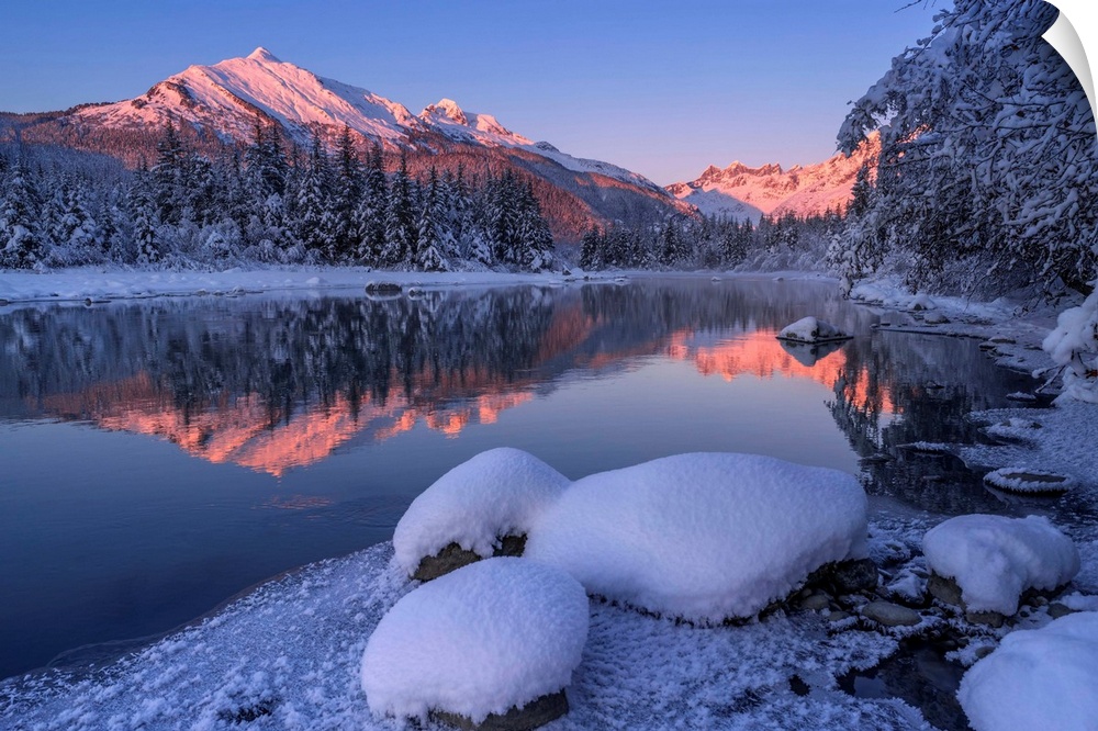 Winter afternoon along the shoreline of Mendenhall River, Tongass National Forest; Juneau, Alaska, United States of America.