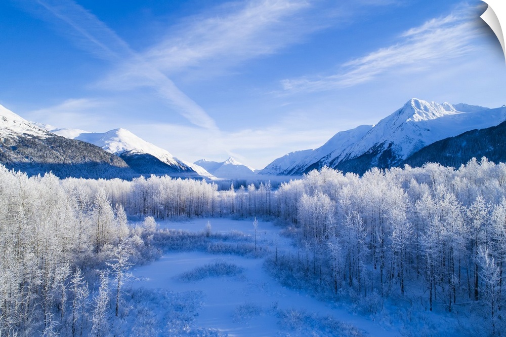 Winter scenic of mountains peaks and valley in Alaska, Portage Valley in South-central Alaska; Anchorage, Alaska, United S...