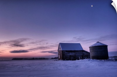Winter Sunrise Over A Silo And Barn, Alberta